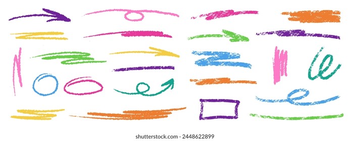 Color lines with crayons. Arrows, curls and underlines with pencil. Kids doodles with brush