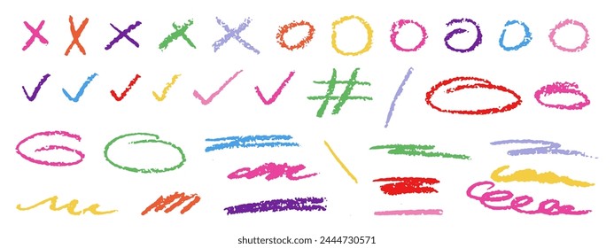 Color lines with crayons. Crosses, circles, underlines and doodles in pencil. Color crayon doodles. Arrows, circles, underlines and frames in pencil. Kids doodles with brush