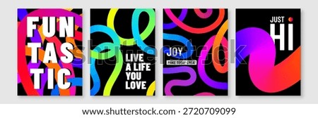 Color lines vector background set. Abstract posters with colorful liquid gradient lines and motivational fun typography on black backdrop. Modern art, energy, vibrant design, party, and inspiration.