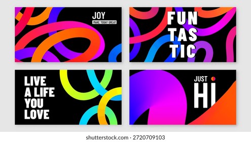 Color lines vector banner background set. Abstract design with colorful liquid gradient lines and motivational fun typography on black backdrop. Modern art pattern, energy, vibrant and inspiration.
