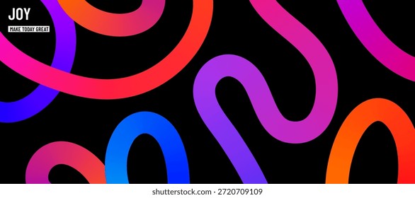 Color lines vector banner background. Abstract design with colorful liquid gradient lines and motivational fun typography on black backdrop. Modern art pattern, energy, vibrant party and inspiration.