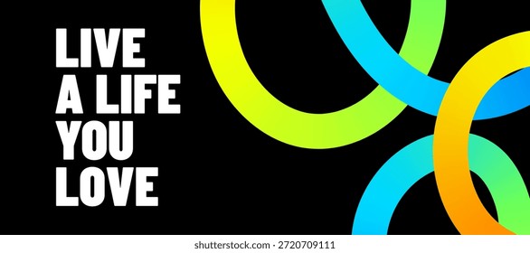 Plano de fundo do banner do vetor de linhas coloridas. Design abstrato com linhas de gradiente líquido colorido e tipografia divertida motivacional em fundo preto. Padrão de arte moderna, energia, festa vibrante e inspiração.