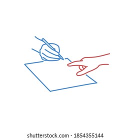 Color lines vector of signing a contract, document. Human hand pointing to the place of signature.