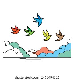 Color lineup birds flying over the cloud vector art style illustration