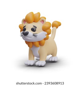 Color lion in cartoon style. Wild animal, 3D illustration. Predator of prairies, king of beasts. Realistic illustration with shadow. Template for children web design