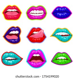 Colección de labios de color. Ilustración vectorial de los labios planos de una mujer sexy que expresan diferentes emociones, como sonrisa, beso, boca medio abierta, labio mordaz, lente labial, lengua afuera.