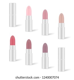 Color lipstick in silver tube set. Lip rouge isolated on white background, vector illustration.