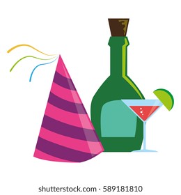 color liqueur bottle and glass cocktail and party hat