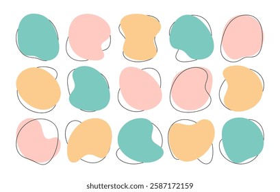 Color liquid blob shapes, pastel irregular organic random forms, fluid silhouette, simple vector smooth ink stain. Highlight for social media stories