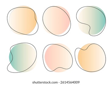 Color liquid blob shapes, pastel gradient vector organic random forms with lines, abstract fluid silhouette, simple smooth ink stain. Highlight for branding, social media, packaging, web design