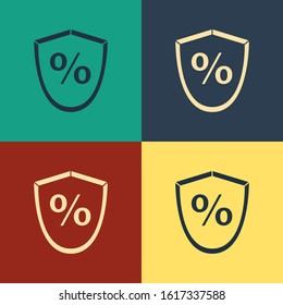 Color Loan percent icon isolated on color background. Protection shield sign. Credit percentage symbol. Vintage style drawing. Vector Illustration