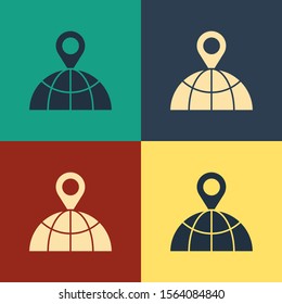 Color Location on the globe icon isolated on color background. World or Earth sign. Vintage style drawing. Vector Illustration