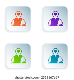 Color Location on the globe icon isolated on white background. World or Earth sign. Set colorful icons in square buttons. Vector
