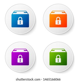 Color Locked package icon isolated on white background. Lock and cardboard box. Set icons in circle buttons. Vector Illustration