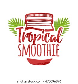 Color logo for bars, restaurants, cafes. Sign design for a smoothie bar. Symbol for menu tropical smoothie. Jar with decorated tropical palm leaves.Vector.