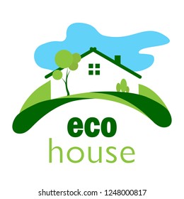 Color logo of a green ecological house on a green lawn against a blue cloud