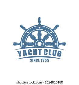 Color logo of a yacht club on a white background. Vector drawing of a marine helm, text. Illustration on the marine theme.