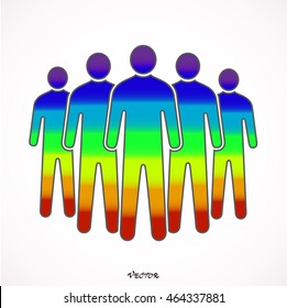 Color logotype five man. Simple silhouette information sign with gray drop shadow isolated on white background in flat style. Graphic clip-art design elements in vector illustration 8 eps