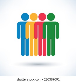 Color logotype four man. Simple silhouette information sign with gray drop shadow isolated on white background in flat style. Graphic clip-art design elements in vector illustration 8 eps
