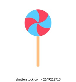 Color lollipop flat icon isolated on white background. Bright fun holiday sweet dessert. Blue pink swirl object. Party treat design. Birthday celebration stick candy art. Closeup vector illustration.