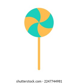 Color lollipop flat icon isolated on white background. Yellow and green fun holiday dessert. Swirl food sweet element. Party treat design. Birthday stick candy art. Minimal closeup vector illustration