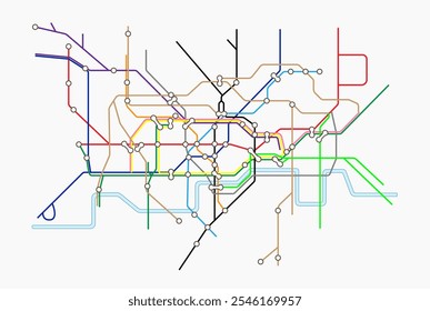 Esquema de mapa de metrô colorido sobre fundo branco. Ilustração com informações sobre o vetor