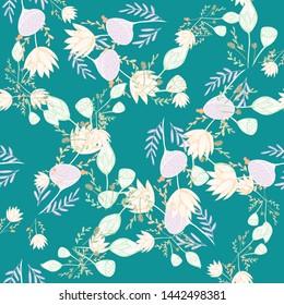 Color lotus flower hand drawn, floral seamless pattern, simple vector illustration