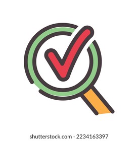 Color loupe with tick icon. Magnifying glass. Graphic element for website. Verification and authorization, Internet search. Metaphor of approval and consent. Cartoon flat vector illustration