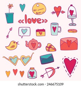 Color love sketch set. Hand drawn icons for Valentines day. 