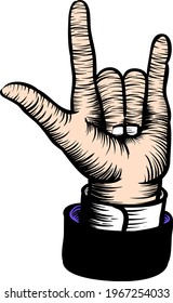 Color i love you finger gesture in woodcut drawing