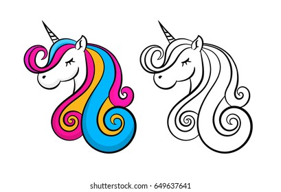 Color lovely unicorn, outline, contour. Design for children, pink, yellow and blue hair.
