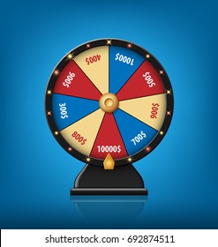 Color Lucky Wheel Template. Realistic Fortune Wheel isolated on blue background. Vector illustration