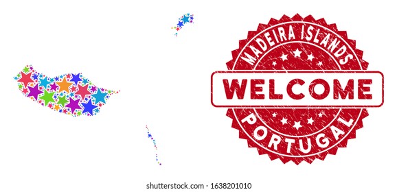 Color Madeira Islands map composition of stars, and textured round red WELCOME seal. Abstract geographic scheme in colorful color tinges. Vector Madeira Islands map is created of color stars.