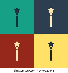 Color Magic wand icon isolated on color background. Star shape magic accessory. Magical power. Vintage style drawing. Vector Illustration