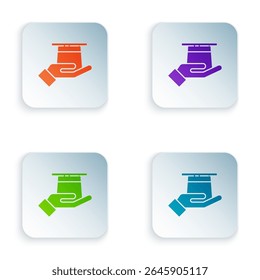 Color Magician hat in hand icon isolated on white background. Magic trick. Mystery entertainment concept. Set colorful icons in square buttons. Vector Illustration
