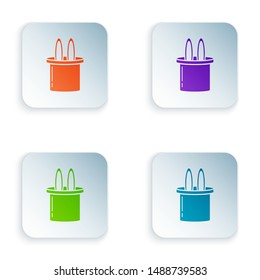 Color Magician hat and rabbit ears icon isolated on white background. Magic trick. Mystery entertainment concept. Set icons in colorful square buttons. Vector Illustration