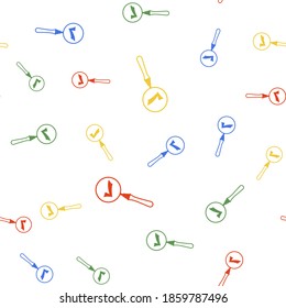 Color Magnifying glass and check mark icon isolated seamless pattern on white background. Magnifying glass and approved, confirm, done, tick, completed symbol. Vector.