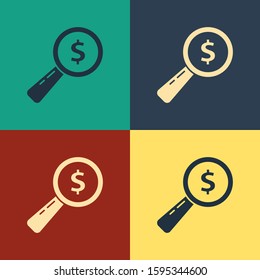 Color Magnifying glass and dollar icon isolated on color background. Find money. Looking for money. Vintage style drawing. Vector Illustration