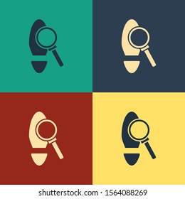 Color Magnifying glass with footsteps icon isolated on color background. Detective is investigating. To follow in the footsteps. Vintage style drawing. Vector Illustration