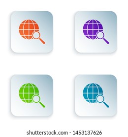 Color Magnifying glass with globe icon isolated on white background. Analyzing the world. Global search sign. Set icons in colorful square buttons. Vector Illustration