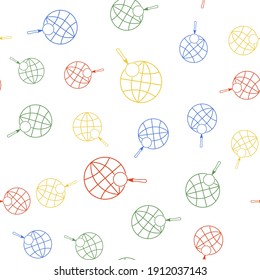 Color Magnifying glass with globe icon isolated seamless pattern on white background. Analyzing the world. Global search sign. Vector.