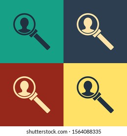 Color Magnifying glass for search icon isolated on color background. Recruitment or selection concept. Search for employees and job. Vintage style drawing. Vector Illustration