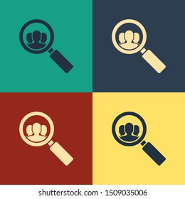 Color Magnifying glass for search a people icon isolated on color background. Recruitment or selection concept. Search for employees and job. Vintage style drawing. Vector Illustration