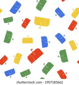 Color Mail box icon isolated seamless pattern on white background. Mailbox icon. Mail postbox on pole with flag. Vector.