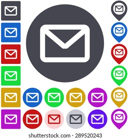 Color mail icon, button, symbol set. Square, circle and pin versions.