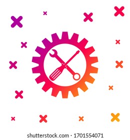 Símbolo de mantenimiento de color - destornillador, spanner y icono de rueda cognoscitiva aislado en fondo blanco. Símbolo de herramienta de servicio.Icono de configuración. Formas dinámicas aleatorias degradadas. Ilustración vectorial