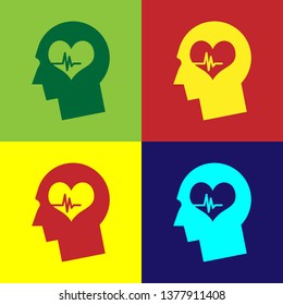 Color Male head with a heartbeat icon isolated on color backgrounds. Head with mental health, healthcare and medical sign. Flat design. Vector Illustration
