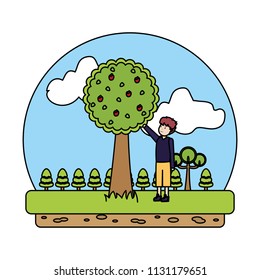 color man in the ecology park with apple tree