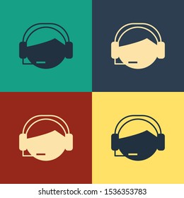 Color Man with a headset icon isolated on color background. Support operator in touch. Concept for call center, client support service. Vintage style drawing. Vector Illustration