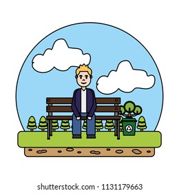 color man sitting in the ecology park with recycle can